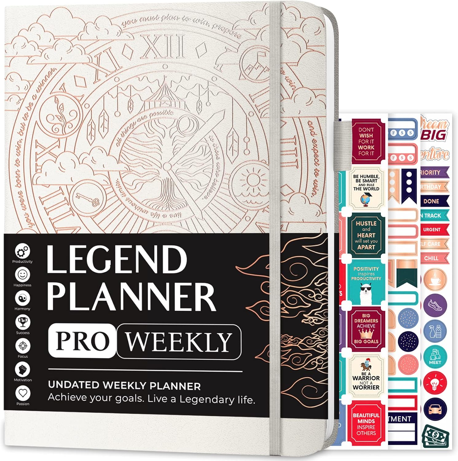 Legend Planner PRO – Deluxe Weekly & Monthly Life Planner to Increase Productivity and Hit Your Goals. Time Management Organizer Notebook – Undated – 7 x 10" Hardcover + Stickers – White
