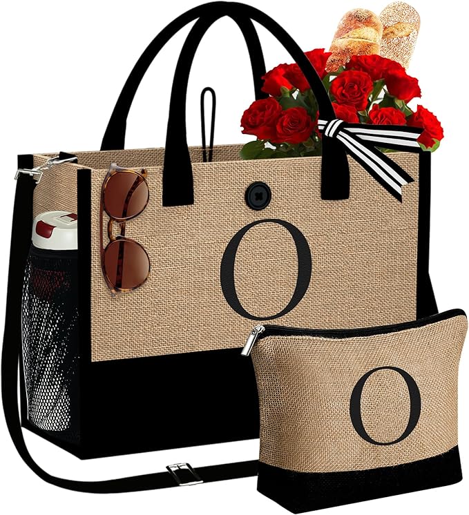 YOOLIFE Christmas Gifts for Women - Initial Jute Tote Bag & Makeup Bag, Birthday Gifts for Women Her Mom Teacher Friend