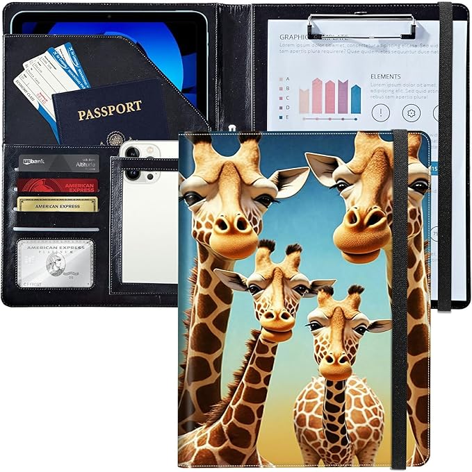 PU Leather Padfolio Folder Clipboard Portfolios Organizer Conference Document Organizer with Business Card Holder Storage Clipboard Writing Pad,Giraffe