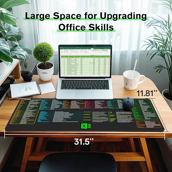 Large Excel Cheat Sheet Desk Pad, 31.49" x 11.81" Cheat Table Gaming Mousepad, Over 150 Excel Shortcuts, Non-Slip Sewn Edge, Suitable for Office Use, Employee Appreciation Gift