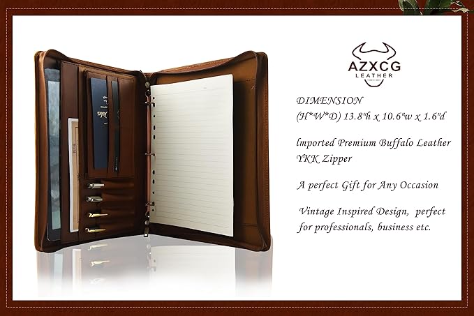 AZXCG Men's Genuine Leather Business Portfolio, Zippered Padfolio Organizer 3-Ring Binder, Organized Portfolio with Pen Rings, Business Card Holder, File Pocket, Holds 99% of iPad and Kindle Fire.