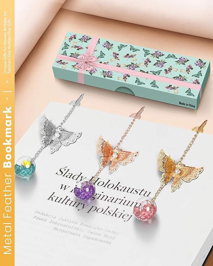 Bookmarks Christmas Stocking Stuffer for Women, Teacher Gifts Cute Metal Feather Bookmark Butterfly Unique Birthday Holiday Reading Gifts for Mom Wife Daughter Teen Girls Book Lovers Reader Coworker