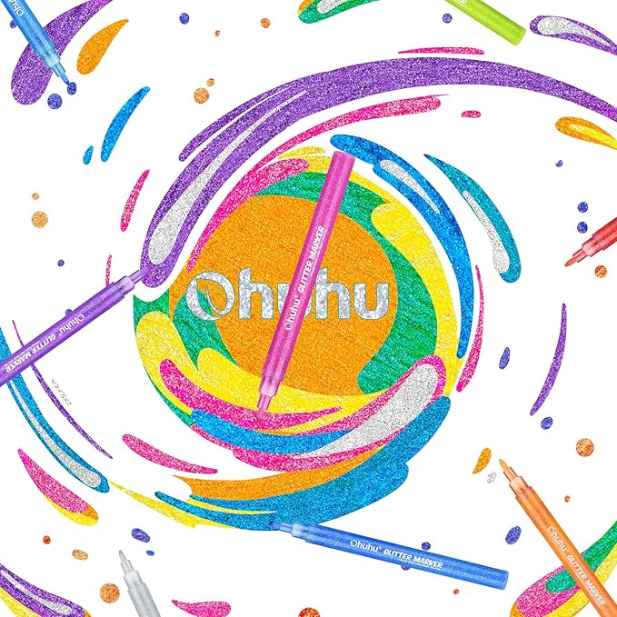 Ohuhu Glitter Markers Pen 12 Glitter Colors Metallic Shimmer Marker Fine Point Tip Water-based Ink for Kids Adults DIY Crafts Greeting Birthday Cards Making Poster Album Scrapbooking Mugs Wood