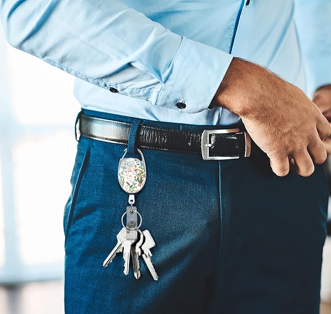 Badge Reels Retractable，Double Sided Color Print Pattern Retractable Badge Holders，with Retractable Keychain, Badge Clip and Key Ring，Durable Nylon Retractable Rope，White Flower