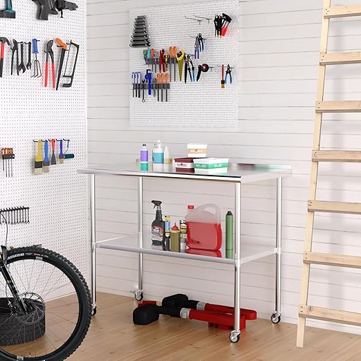 Stainless Steel Table 24 x 48 Inches with 4 Wheels，Metal Prep Table with Backsplash & Adjustable Undershelf for Commercial Kitchen, Outdoor, Restaurant, Hotel & Garage