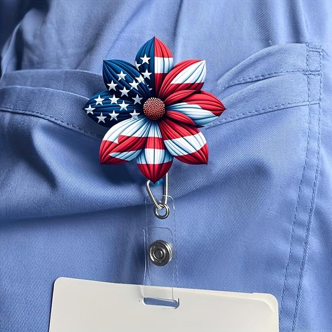 4th of July Flower Badge Holder Retractable with Acrylic Designs Nurse Badge Reel Blue Red Alligator Clip ID Card Patriotic Badge Clip for Teacher Student Independence Day Office Accessories