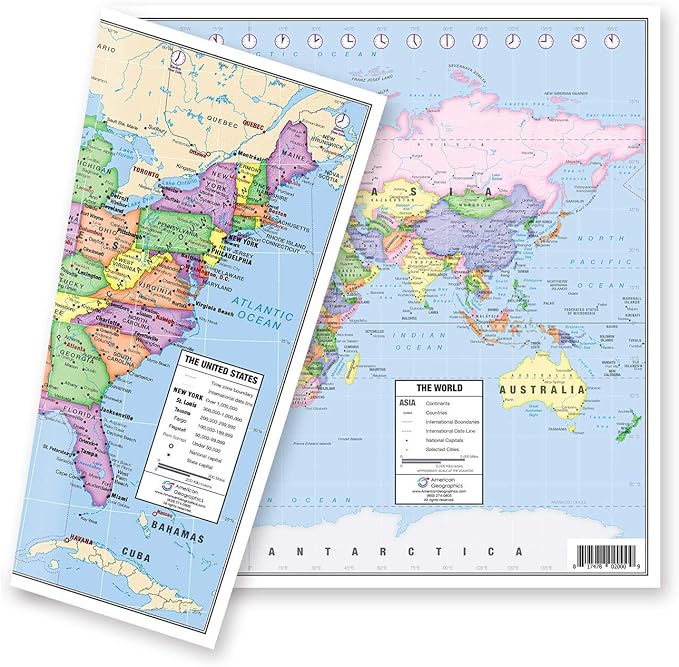 US and World Desk Map (13" x 18" Laminated) for Students, Home or Classroom Use by Lighthouse Geographics