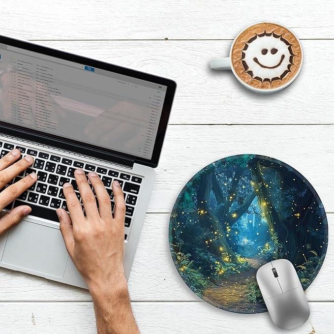 Gctriki Fireflies Forest Round Mouse Pad, with Stitched Edge Non-Slip Rubber Base, Small Travel Mouse Pad for Laptop Computer Desk Gaming, Cute Office Desk Accessories Decor for Women