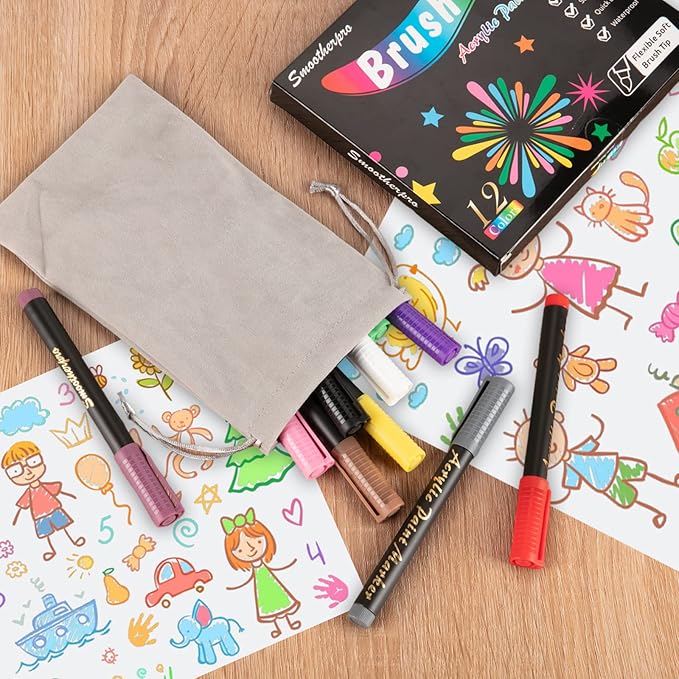 SMOOTHERPRO 12 Acrylic Paint Pens, Brush Tip (1-6mm) Acrylic Paint Markers, Fabric Markers for Textile, Canvas, Rock, Glass, Wood, Paper, Pumpkin, DIY