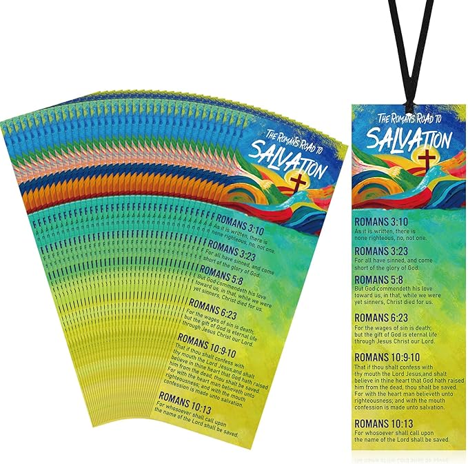 50 Pcs Romans Road to Salvation Bookmarks 6 x 2 Inches Roman's Road Cardstock Bookmark with 50 Pcs Hanging Strings