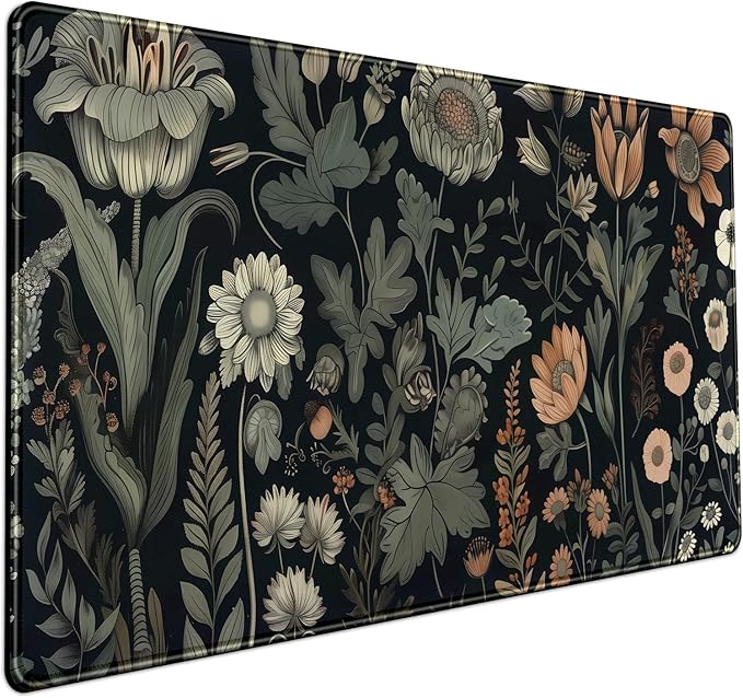 Black Aesthetic Vintage Desk Mat Dark Flower Plants Mouse Pad Wildflowers Large Gaming Mousepad Desk Pad XXL Keyboard Mouse Mat Full Desktop Mat Women Desk Cover Mat for Work Office Home 31.5x15.8 in
