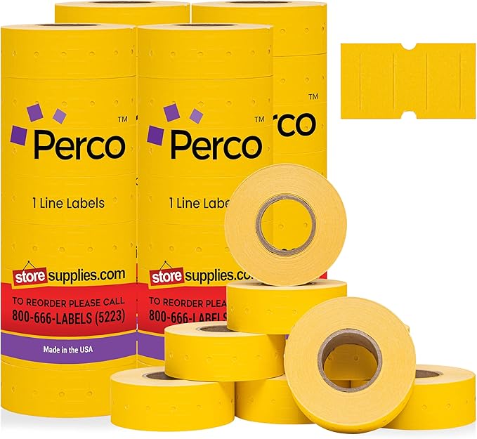 Perco 1 Line Yellow Labels - 32 Rolls, 4 Sleeves, 32,000 Blank Price and Date Gun Labels for Perco 1 Line Price and Date Guns - Made in USA