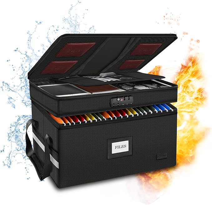 ETRONIK Large Fireproof Document Box with Lock, 2 Layer File Organizer, Portable Office Collapsible File Storage with Reflective Strip for Hanging Letters, Legal Size Folder, Certificate