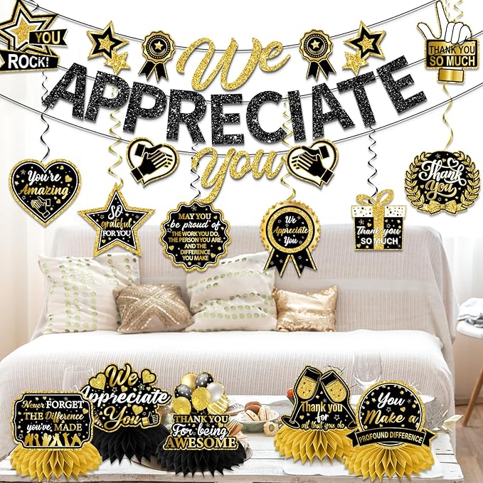 We Appreciate You Decorations, Black Gold Thank You Decorations includes We Appreciate You Banner and Employee Appreciation Table Decorations and Hanging Swirls for Pastor Appreciation Decorations