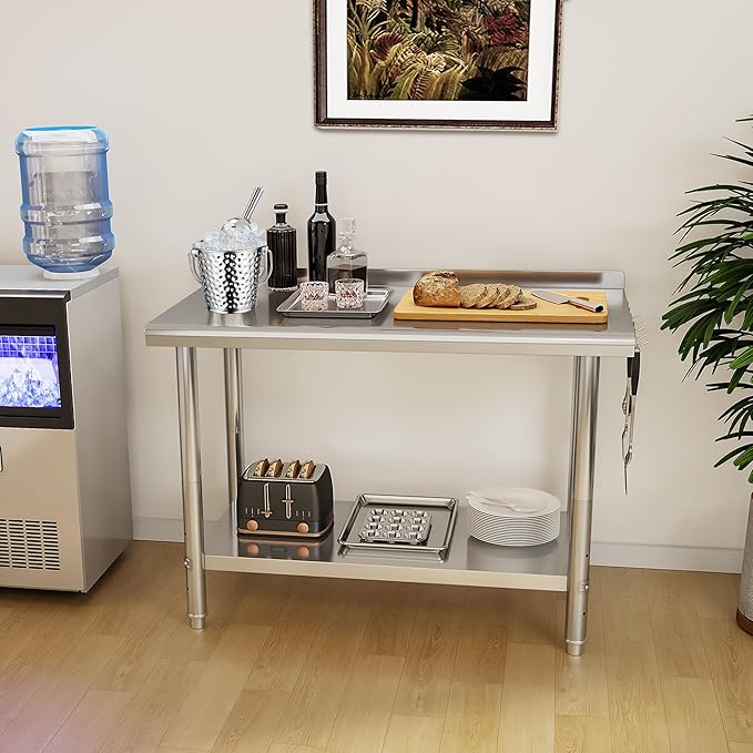 YITAHOME 48" x 24" Stainless Steel Table for Prep & Work with Backsplash, NSF Commercial Heavy Duty Table with Undershelf for Home Kitchen Restaurant Garage Warehouse