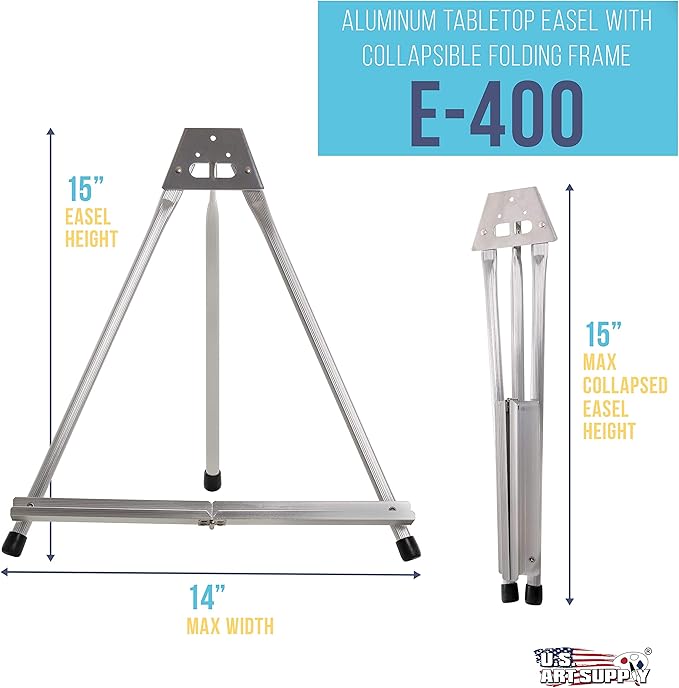 U.S. Art Supply 15" High Aluminum Tabletop Display Easel with Collapsible Folding Frame - Portable Artist Tripod Stand - Holds Canvas, Paintings, Books, Presentations, Photos, Pictures, Signs, Posters