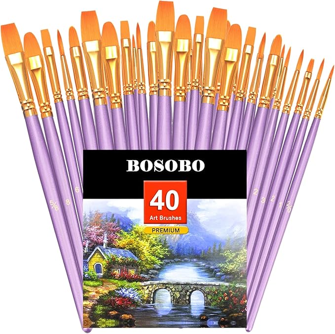 BOSOBO Paint Brushes Set, 4 Pack 40 Pcs Round Pointed Tip Paintbrushes Nylon Hair Artist Acrylic Paint Brushes for Acrylic Oil Watercolor, Face Nail Art, Miniature Detailing & Rock Painting, Purple