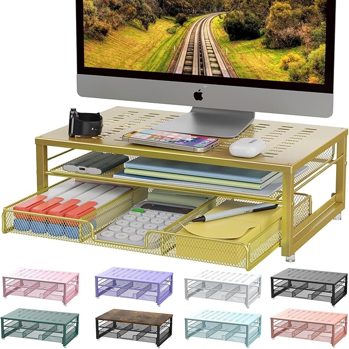 gianotter Computer Monitor Stand Riser, office organizer with Drawer, Office Organizers Storage for Classroom Office Supplies (Gold)