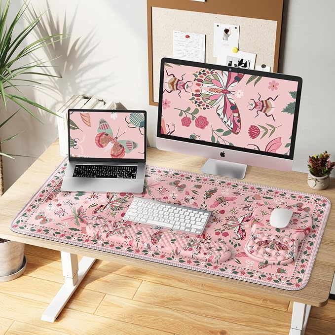 iLeadon Pink Large Desk Mat for Keyboard and Mouse,Ergonomic Massage Wrist Rest Set for Computer Keyboard,Big Flora Mouse Pad XXL+Cup Coaster with Non-Slip Base for Women Home Office,Pink Insect