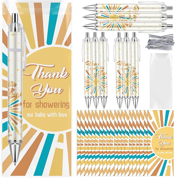 50 Sets Baby Shower Favors Gifts for Guests Includes 50 Rolling Paper Ballpoint Pens and 50 Greeting Thank You Bookmarks Baby Shower Party Favors (Here Comes The Sun)
