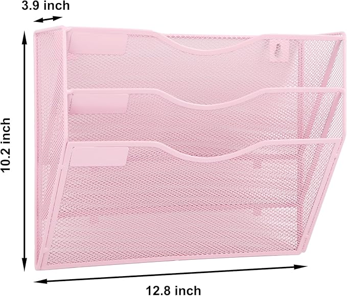 EASEPRES 3 Pocket Mesh Hanging Wall File Organizer, Wall Mounted Mail Paper Document Folder Holder, Clipboard Storage Organization Magazine Rack with Nametag Label for Office Home School, Pink