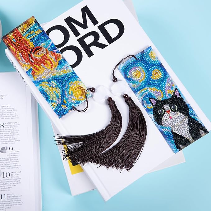 Anseal 3 Pcs 5D Diamond Art Bookmarks for Book Lovers, Cute Animal Rhinestone PU Leather Diamond Crafts Bookmarks for Women Girls, Tassel Beaded Book Mark for Graduation Birthday Reading Present