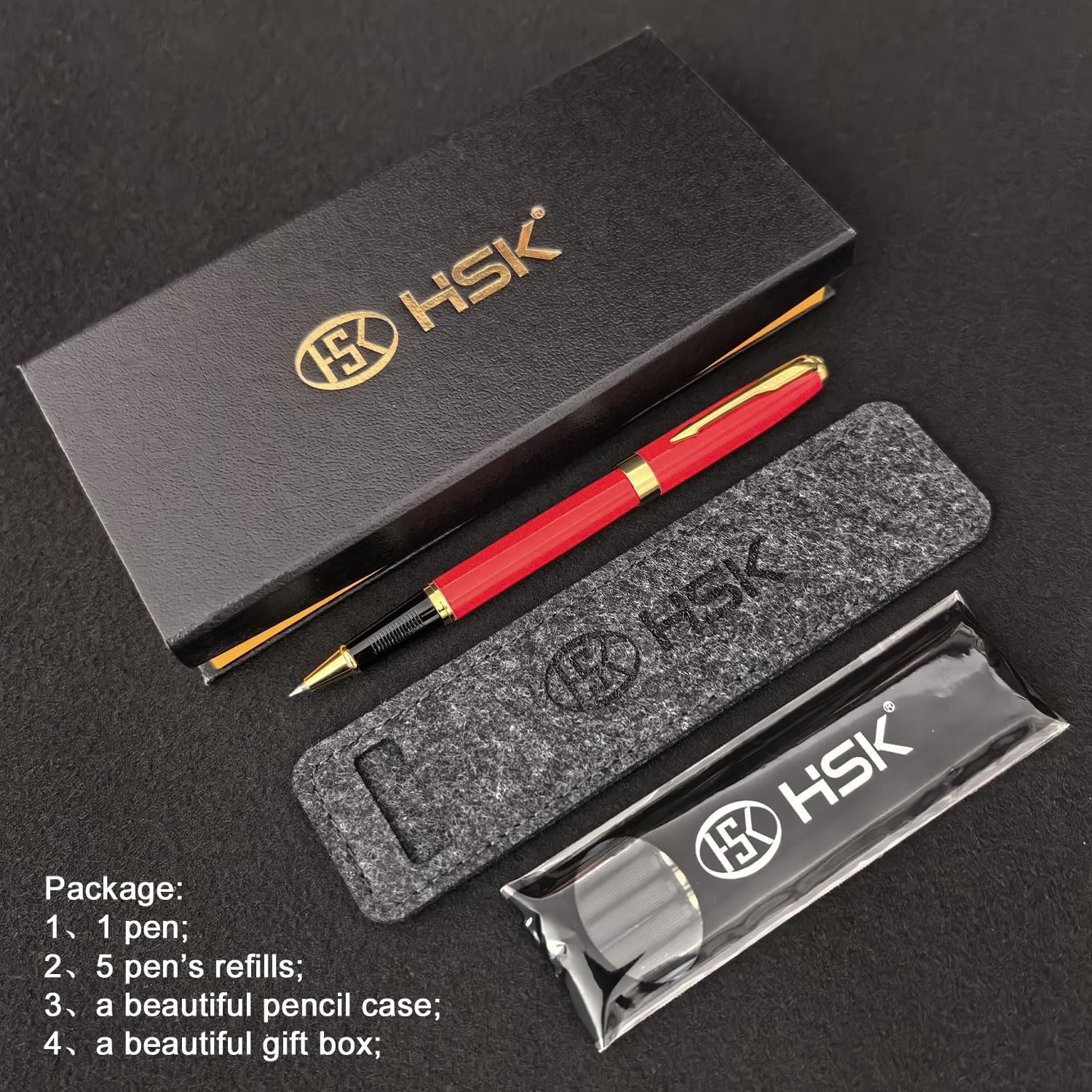 HSK Ballpoint Pens Executive Fountain Pen with Gold Trim, Gift Box Set, Available in Black, Red, Navy Blue,Black Refill Line width 0.5mm (Red)