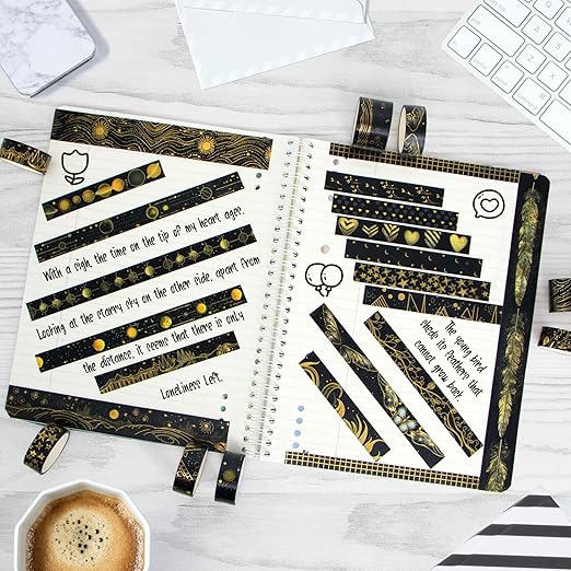 Black Washi Tape Set, 27 Rolls Black Gold Foil Decorative Masking Tape for Bullet Journaling, Scrapbooking Supplies, Watercolor Painting