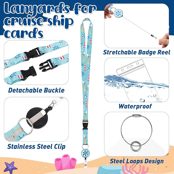 6 Pack Cruise Ship Lanyards, Cruise Lanyards for Ship Key Cards with Waterproof ID Holder Cruise Luggage Tags Retractable Badge Reel & Detachable Buckle for Cruise Essentials