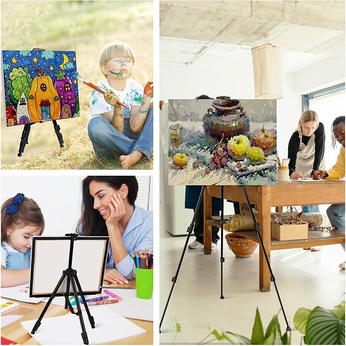AROIC 1 Pack Art Painting Display Easel Stands,Portable Adjustable Aluminum Metal Tripod Artist Canvases Height from17 to 66 Inch Extra Sturdy forTable-Top/Floor Painting. Black with 1 Storage Bag