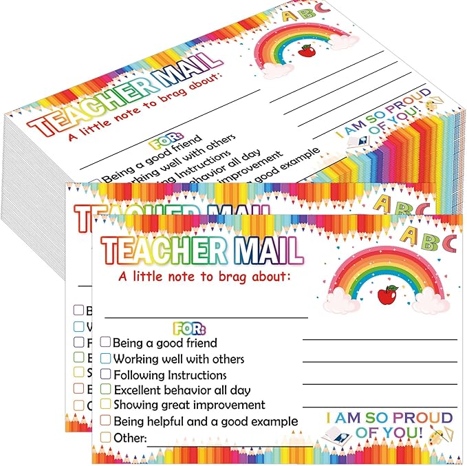 Rainbow Happy Mail Teacher Notes to Parents Classroom Good Behavior Incentive Motivational Cards 50 Pcs Motivational Notes Positive Postcards For Home,Preschool, Kindergarten, Elementary (Color1)