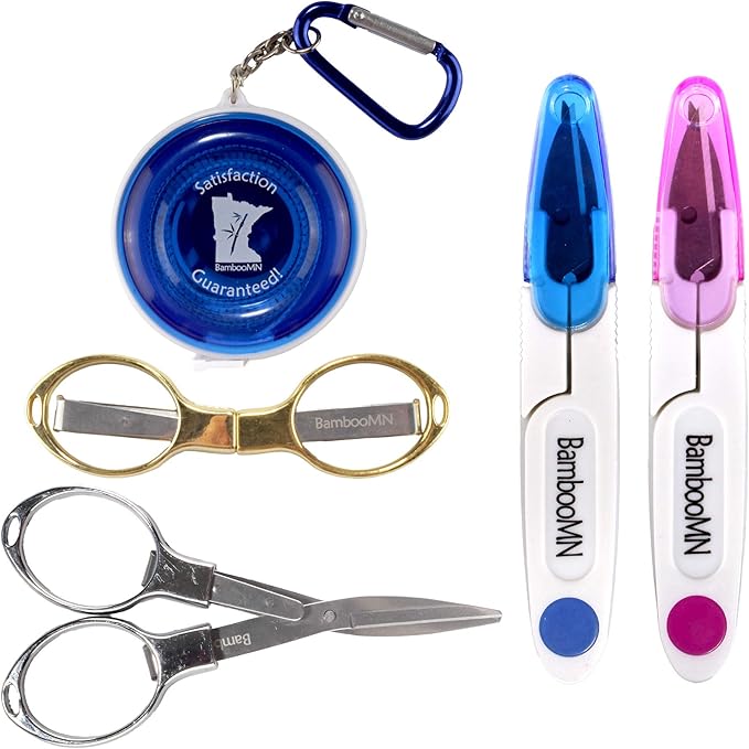 JubileeYarn Portable Travel Safety Folding Scissors Set, One Gold, One Silver, Two Thread Snips, and a Fabric Measuring Tape
