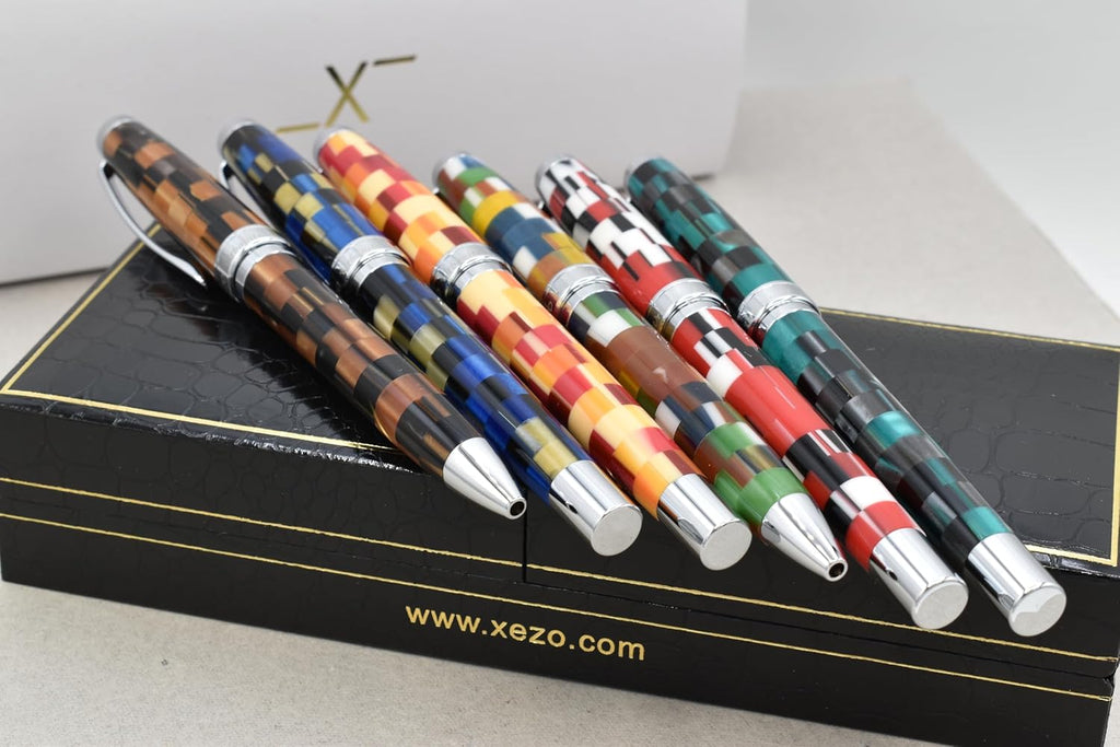 Xezo Urbanite Fountain Pen, Medium Nib. Retro Blue, Black, and Cream Colors with Chrome Plating. Limited Edition and Serialized. No Two Alike