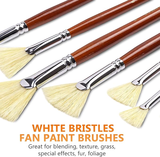 DUGATO Artist Fan Paint Brush Set of 7, White Hog Bristle Natural Hair Anti-Shedding Brush Tips, Long Wooden Handle for Comfortable Holding, Great for Acrylic Watercolor Oil Painting