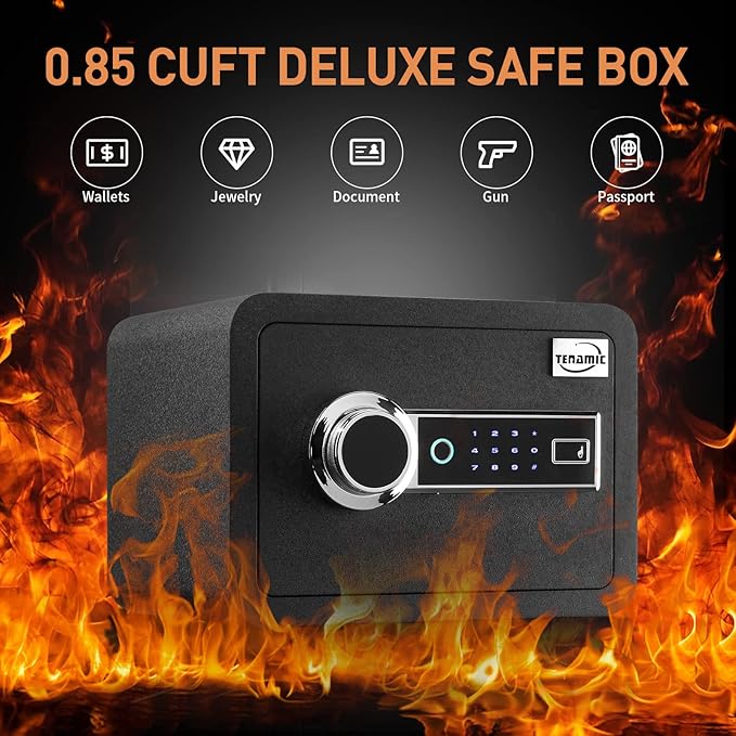Tenamic Biometric Fingerprint Safe Box 0.85 Cubic Feet Fireproof Waterproof Safe Box with Induction Light and Leather, Solid Alloy Steel Office Hotel Home Cabinet Safe, Black