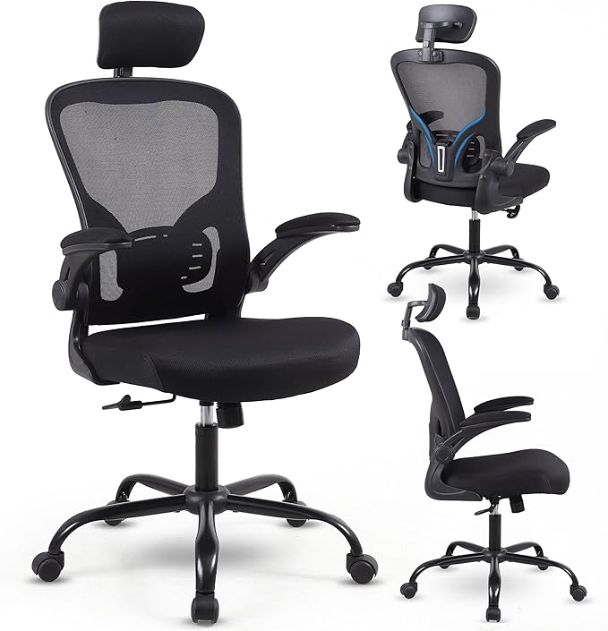 Flysky Ergonomic Office Desk Chair Breathable Mesh Swivel Computer Chair, Lumbar Back Support Task Chair, Office Chairs with Wheels and Flip-up Arms,Executive Rolling Chair (B-Black 5001H)