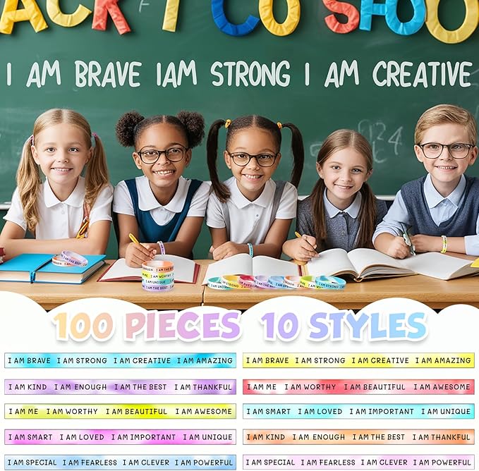 100 Pieces Students Inspirational Silicone Wristbands Motivational Quotes Rubber Bracelets for Kids Students Back to School Gifts (Swirl Colours)