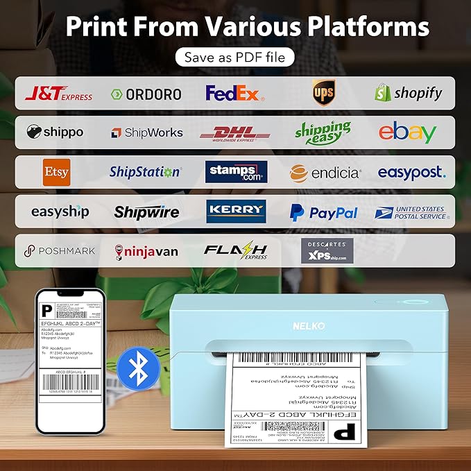 Nelko Bluetooth Thermal Shipping Label Printer, 4x6 Shipping Label Printer for Shipping Packages, Support Android, iPhone and Windows, Widely Used for Amazon, Ebay, Shopify (Blue)