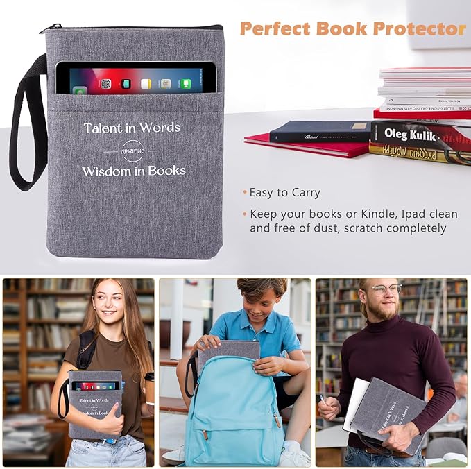 Book Sleeve for Book Lovers - Book Covers with Zipper Pockets - Canvas Book Protector for Paperbacks, Softcover - Washablle Book Pouch - Book Carrying Case - Book Carrier- Book Gift