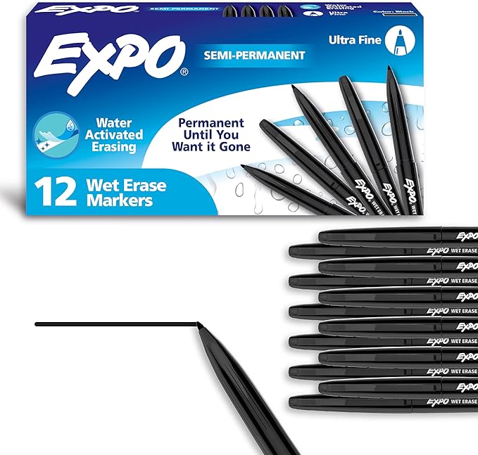 EXPO Wet Erase Markers, Semi-Permanent Markers, Black, Ultra Fine Tip, 12 Count
