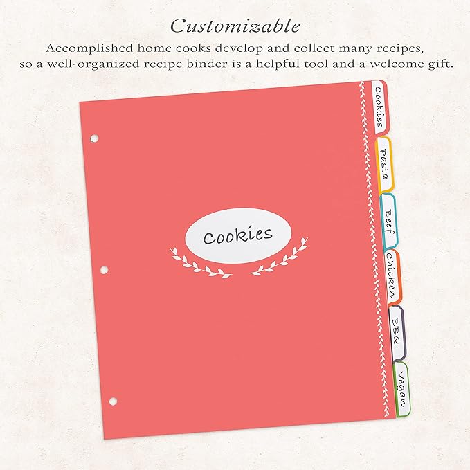 Jot & Mark Blank Recipe Binder Dividers with Tabs | Six Customizable Organizer Dividers for 8.5"x11" 3-Ring Binders (Rainbow)