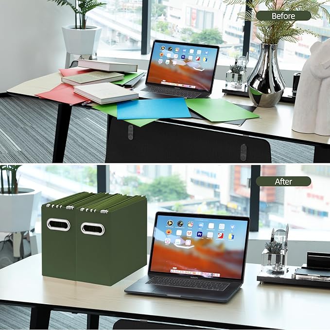 Oterri File Organizer, Small Storage Box, Cardboard File Folder Organizer, Collapsible File Box, Hanging File Organizer for Letter Size, Portable File Box, Only Box (Blackish Green,2 Packs)