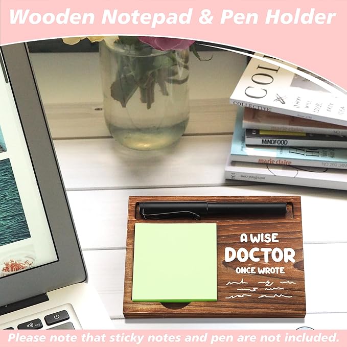 CINRLLA Doctor Sticky Note Holder Wooden Notepad & Pen Holder 6.5"" x 4.7"" Sticky Note Pad Holder Dispenser for Desk Doctor Work Humor Gifts, NPA191, Brown
