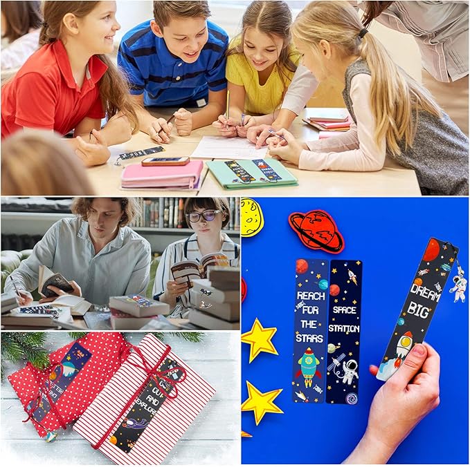 Christmas Space Theme Bookmarks with Metal Charms Planet Rocket Space Ship Theme Bookmarks Inspirational Quotes Bookmarks for Space Christmas Party Favors Gifts Kids Boys Girls Encourage(24 Pieces)