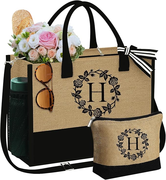 YOOLIFE Christmas Gifts for Women - Initial Jute Tote Bag & Makeup Bag, Birthday Gifts for Women Her Mom Teacher Friend