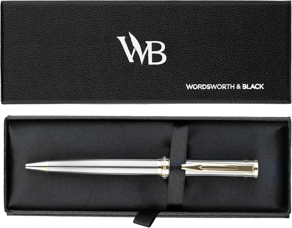 Wordsworth and Black Luxury Ballpoint Pen Set - Silver Lacquer 24K Gold Finish, Refillable Fine Point, Elegant Gift for Men & Women, Includes Ink Refill, Nice Pens for Work