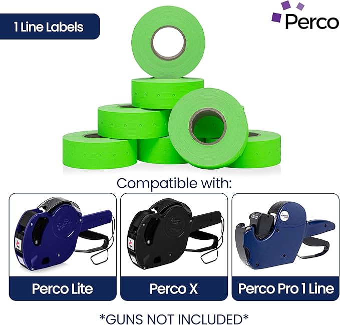Perco 1 Line Fluorescent Green Labels - 80 Rolls, 10 Sleeves, 80,000 Blank Price and Date Gun Labels for Perco 1 Line Price and Date Guns - Made in USA