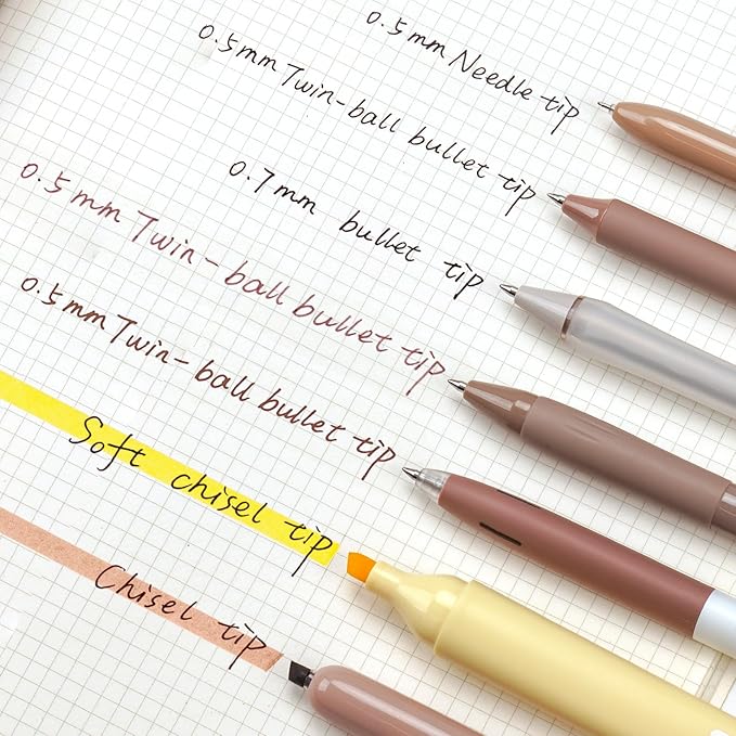 WRITECH Gel Pens Journaling Highlighters: Journal Set Aesthetic Assorted Earth Tones Color Ink 0.5mm Fine Point Retractable 0.7mm Black Pen Smooth Writing Drawing No Bleed 7ct (Brown)