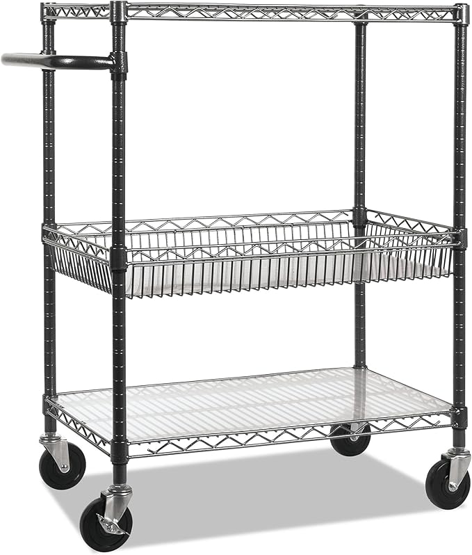 Alera Three-Tier Wire Cart, 34" x 18" x 40", Black