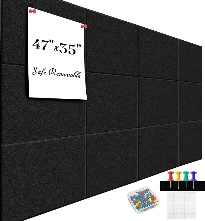 Large Office Cork Board Alternative - 47"x35"12 Pack Felt Wall Tiles Self-Adhesive Safe Removable No Damage for Wall Pin Board Tack Board Felt Cork Board for Walls or Office 48 x 36